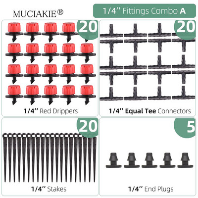 1/4 collu apūdeņošanas pilinātāji ūdens savienotāji Kombinācijas Dārza mikro laistīšanas piederumi kompensācijas izstarotāji miglas sprauslas mikrosmidzināšanas komplekts
