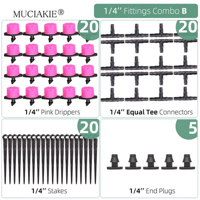 1/4 collu apūdeņošanas pilinātāji ūdens savienotāji Kombinācijas Dārza mikro laistīšanas piederumi kompensācijas izstarotāji miglas sprauslas mikrosmidzināšanas komplekts