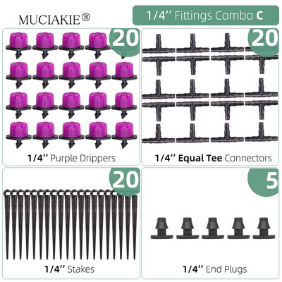 1/4 collu apūdeņošanas pilinātāji ūdens savienotāji Kombinācijas Dārza mikro laistīšanas piederumi kompensācijas izstarotāji miglas sprauslas mikrosmidzināšanas komplekts