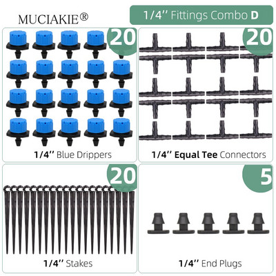 1/4 collu apūdeņošanas pilinātāji ūdens savienotāji Kombinācijas Dārza mikro laistīšanas piederumi kompensācijas izstarotāji miglas sprauslas mikrosmidzināšanas komplekts