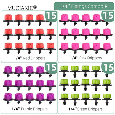 1/4 collu apūdeņošanas pilinātāji ūdens savienotāji Kombinācijas Dārza mikro laistīšanas piederumi kompensācijas izstarotāji miglas sprauslas mikrosmidzināšanas komplekts
