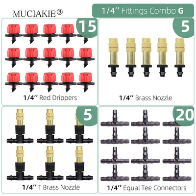1/4 collu apūdeņošanas pilinātāji ūdens savienotāji Kombinācijas Dārza mikro laistīšanas piederumi kompensācijas izstarotāji miglas sprauslas mikrosmidzināšanas komplekts