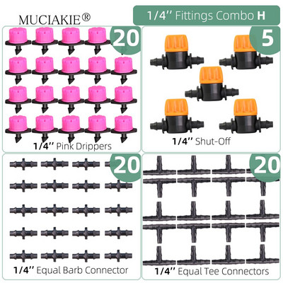 1/4 collu apūdeņošanas pilinātāji ūdens savienotāji Kombinācijas Dārza mikro laistīšanas piederumi kompensācijas izstarotāji miglas sprauslas mikrosmidzināšanas komplekts