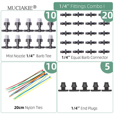 1/4 collu apūdeņošanas pilinātāji ūdens savienotāji Kombinācijas Dārza mikro laistīšanas piederumi kompensācijas izstarotāji miglas sprauslas mikrosmidzināšanas komplekts