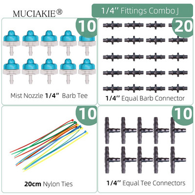 1/4 collu apūdeņošanas pilinātāji ūdens savienotāji Kombinācijas Dārza mikro laistīšanas piederumi kompensācijas izstarotāji miglas sprauslas mikrosmidzināšanas komplekts