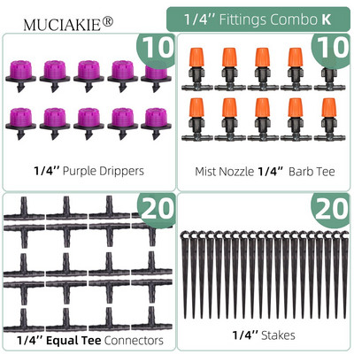 1/4 collu apūdeņošanas pilinātāji ūdens savienotāji Kombinācijas Dārza mikro laistīšanas piederumi kompensācijas izstarotāji miglas sprauslas mikrosmidzināšanas komplekts
