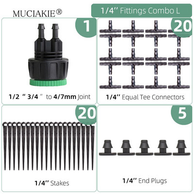 1/4 collu apūdeņošanas pilinātāji ūdens savienotāji Kombinācijas Dārza mikro laistīšanas piederumi kompensācijas izstarotāji miglas sprauslas mikrosmidzināšanas komplekts