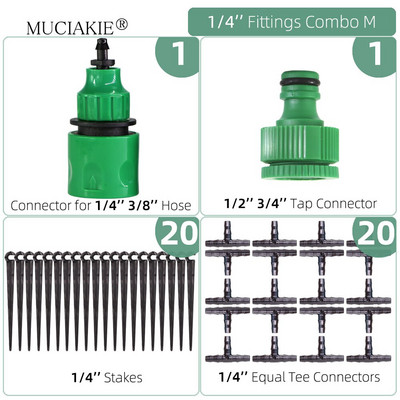 1/4 collu apūdeņošanas pilinātāji ūdens savienotāji Kombinācijas Dārza mikro laistīšanas piederumi kompensācijas izstarotāji miglas sprauslas mikrosmidzināšanas komplekts