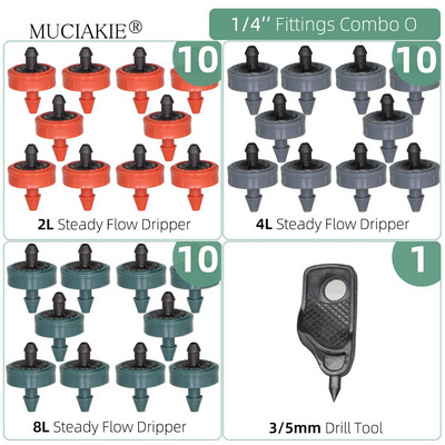 1/4 collu apūdeņošanas pilinātāji ūdens savienotāji Kombinācijas Dārza mikro laistīšanas piederumi kompensācijas izstarotāji miglas sprauslas mikrosmidzināšanas komplekts