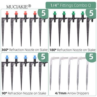 1/4 collu apūdeņošanas pilinātāji ūdens savienotāji Kombinācijas Dārza mikro laistīšanas piederumi kompensācijas izstarotāji miglas sprauslas mikrosmidzināšanas komplekts