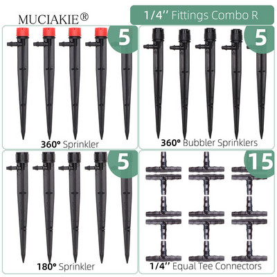 1/4 collu apūdeņošanas pilinātāji ūdens savienotāji Kombinācijas Dārza mikro laistīšanas piederumi kompensācijas izstarotāji miglas sprauslas mikrosmidzināšanas komplekts