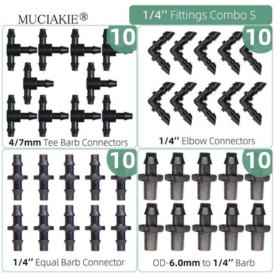 1/4 collu apūdeņošanas pilinātāji ūdens savienotāji Kombinācijas Dārza mikro laistīšanas piederumi kompensācijas izstarotāji miglas sprauslas mikrosmidzināšanas komplekts