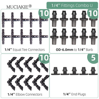 1/4 collu apūdeņošanas pilinātāji ūdens savienotāji Kombinācijas Dārza mikro laistīšanas piederumi kompensācijas izstarotāji miglas sprauslas mikrosmidzināšanas komplekts