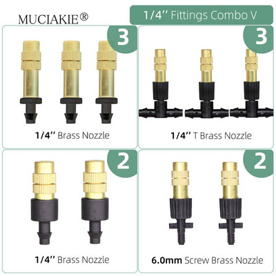 1/4 collu apūdeņošanas pilinātāji ūdens savienotāji Kombinācijas Dārza mikro laistīšanas piederumi kompensācijas izstarotāji miglas sprauslas mikrosmidzināšanas komplekts