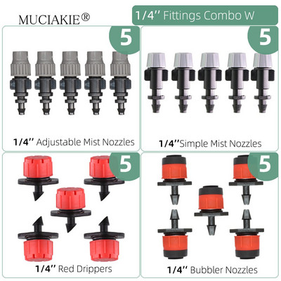 1/4 collu apūdeņošanas pilinātāji ūdens savienotāji Kombinācijas Dārza mikro laistīšanas piederumi kompensācijas izstarotāji miglas sprauslas mikrosmidzināšanas komplekts