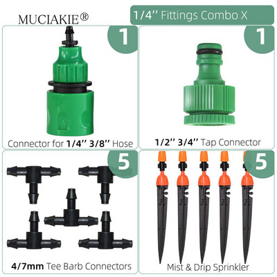1/4 collu apūdeņošanas pilinātāji ūdens savienotāji Kombinācijas Dārza mikro laistīšanas piederumi kompensācijas izstarotāji miglas sprauslas mikrosmidzināšanas komplekts