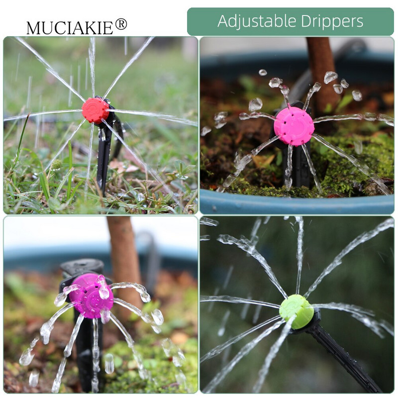 1/4 collu apūdeņošanas pilinātāji ūdens savienotāji Kombinācijas Dārza mikro laistīšanas piederumi kompensācijas izstarotāji miglas sprauslas mikrosmidzināšanas komplekts