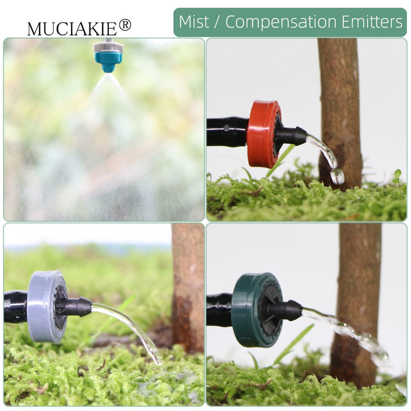 1/4 collu apūdeņošanas pilinātāji ūdens savienotāji Kombinācijas Dārza mikro laistīšanas piederumi kompensācijas izstarotāji miglas sprauslas mikrosmidzināšanas komplekts