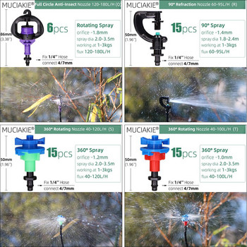MUCIAKIE 24 Kinds of Garden Sprinkler Nozzles with 1/4\'\' Barb Joint 90 180 360 Refraction Roatory Irrigation Hanging Spray Head