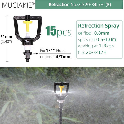 MUCIAKIE 24 veidu dārza smidzinātāju sprauslas ar 1/4 collu stieņu savienojumu 90 180 360 refrakcijas rotācijas apūdeņošanas piekarināmā smidzināšanas galviņa