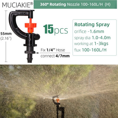 MUCIAKIE 24 veidu dārza smidzinātāju sprauslas ar 1/4 collu stieņu savienojumu 90 180 360 refrakcijas rotācijas apūdeņošanas piekarināmā smidzināšanas galviņa