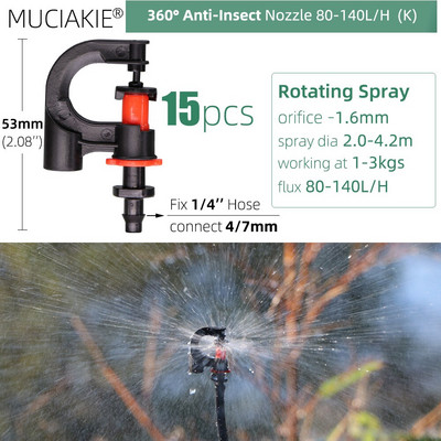 MUCIAKIE 24 veidu dārza smidzinātāju sprauslas ar 1/4 collu stieņu savienojumu 90 180 360 refrakcijas rotācijas apūdeņošanas piekarināmā smidzināšanas galviņa