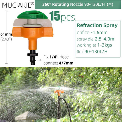 MUCIAKIE 24 veidu dārza smidzinātāju sprauslas ar 1/4 collu stieņu savienojumu 90 180 360 refrakcijas rotācijas apūdeņošanas piekarināmā smidzināšanas galviņa