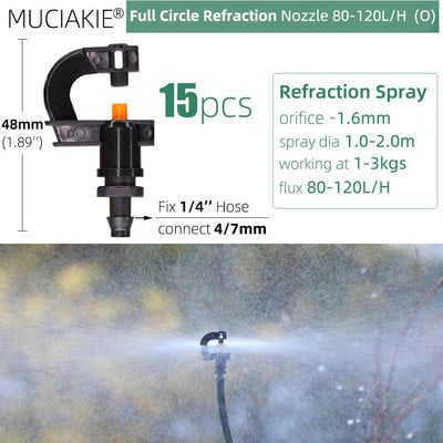 MUCIAKIE 24 veidu dārza smidzinātāju sprauslas ar 1/4 collu stieņu savienojumu 90 180 360 refrakcijas rotācijas apūdeņošanas piekarināmā smidzināšanas galviņa