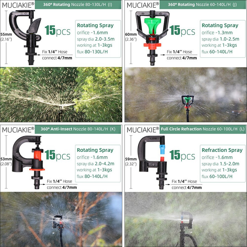 MUCIAKIE 24 veidu dārza smidzinātāju sprauslas ar 1/4 collu stieņu savienojumu 90 180 360 refrakcijas rotācijas apūdeņošanas piekarināmā smidzināšanas galviņa