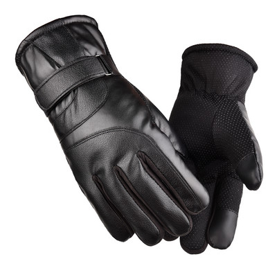 Водоустойчиви мъжки зимни ръкавици от еко кожа с велкро лепенки