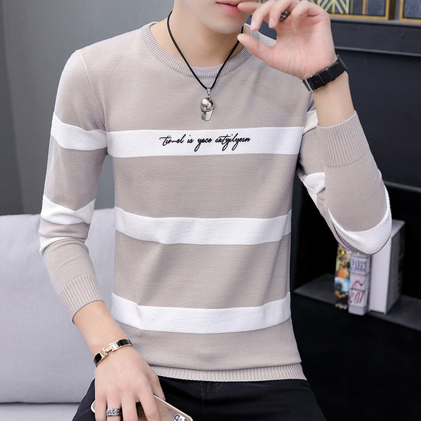 Ανδρικό casual ριγέ πουλόβερ με λαιμόκοψη με γράμματα