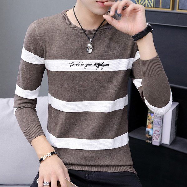 Ανδρικό casual ριγέ πουλόβερ με λαιμόκοψη με γράμματα