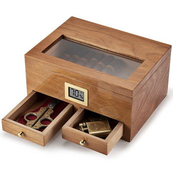 XIFEI Cigar Humidor With Hygrometer Humidifier 2 συρτάρια Cedar Wood Portable Humidor Box Θήκη πούρων Fit 25-50 Cigars Cabinet