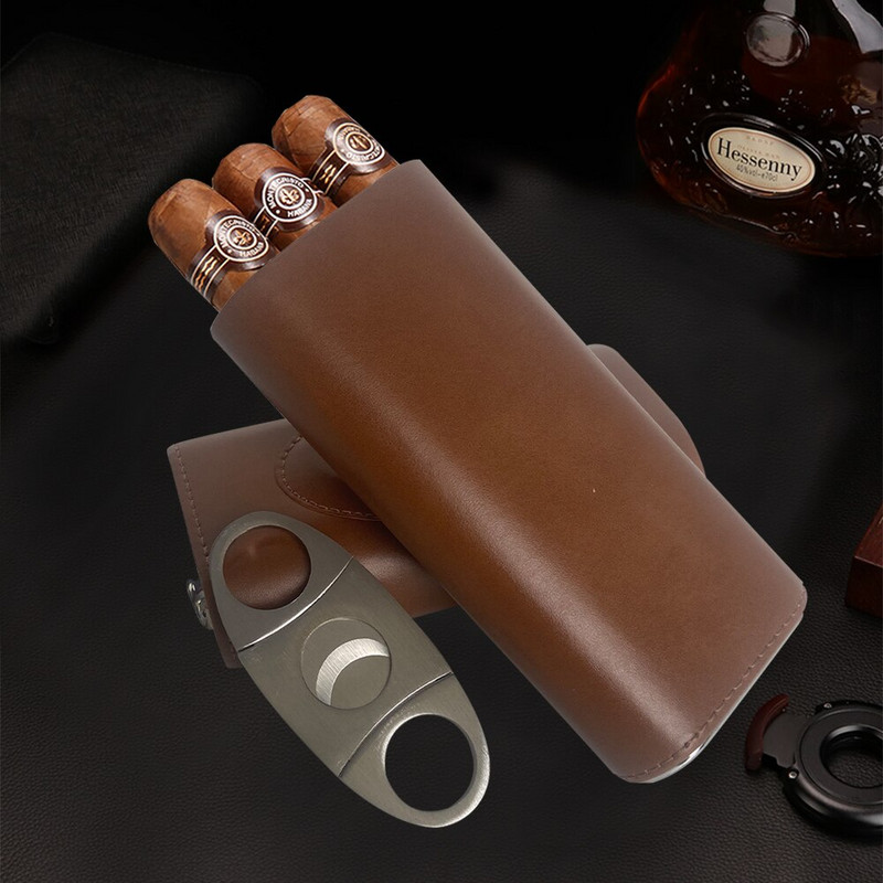 Augstas kvalitātes 3 pirkstu mitrinātāju pārnēsājams cigāru kastes brūns cigāru ādas futrālis ar cigāru griezēju