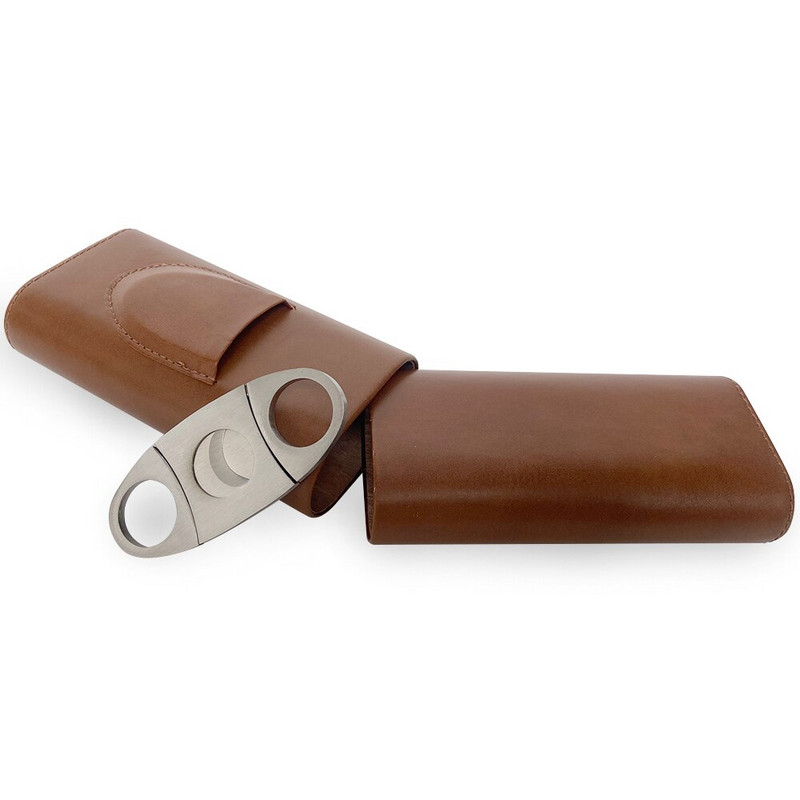 Augstas kvalitātes 3 pirkstu mitrinātāju pārnēsājams cigāru kastes brūns cigāru ādas futrālis ar cigāru griezēju