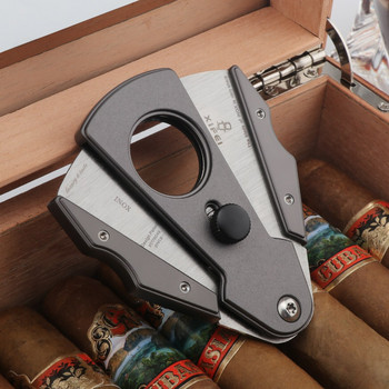 Κόφτης πούρων από ανοξείδωτο χάλυβα Xifei με κουτί δώρου & δερμάτινη θήκη Dual Blades Tobacco Cutting Sigaar Αξεσουάρ για Friends Family