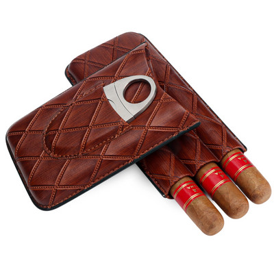 Xifei PU 3 lizdų cigarų dėklų rinkinys, nešiojamasis drėkinamasis dėžutė su nerūdijančio plieno pjaustytuvu, kelioniniais rūkymo cigarečių laikymo priedais
