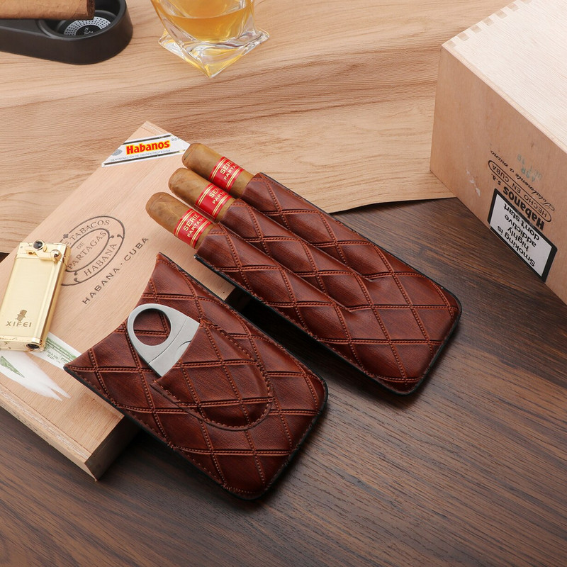 Xifei PU 3 lizdų cigarų dėklų rinkinys, nešiojamasis drėkinamasis dėžutė su nerūdijančio plieno pjaustytuvu, kelioniniais rūkymo cigarečių laikymo priedais