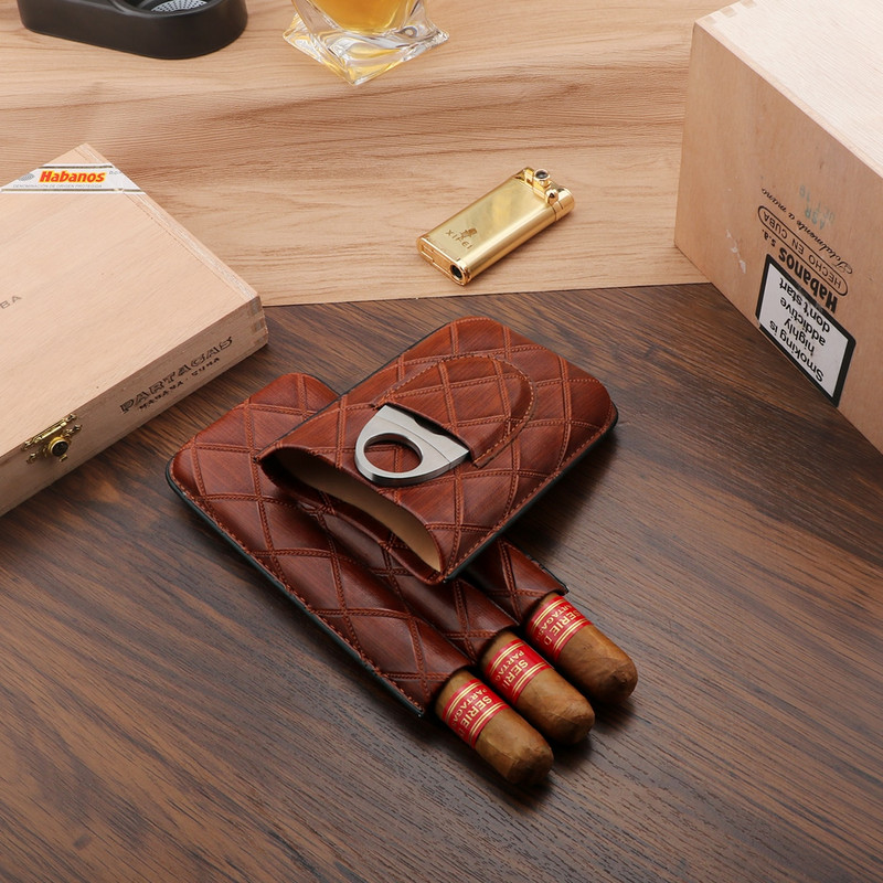 Xifei PU 3 lizdų cigarų dėklų rinkinys, nešiojamasis drėkinamasis dėžutė su nerūdijančio plieno pjaustytuvu, kelioniniais rūkymo cigarečių laikymo priedais