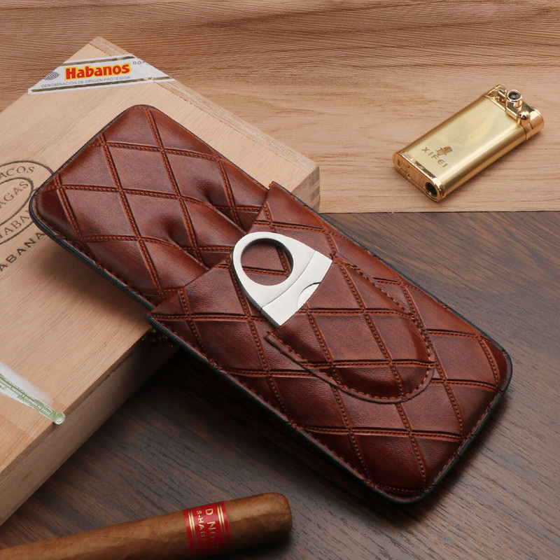 Xifei PU 3 lizdų cigarų dėklų rinkinys, nešiojamasis drėkinamasis dėžutė su nerūdijančio plieno pjaustytuvu, kelioniniais rūkymo cigarečių laikymo priedais