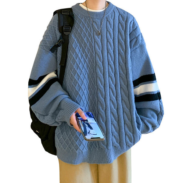 Pleteni muški pulover s okruglim izrezom - široki model