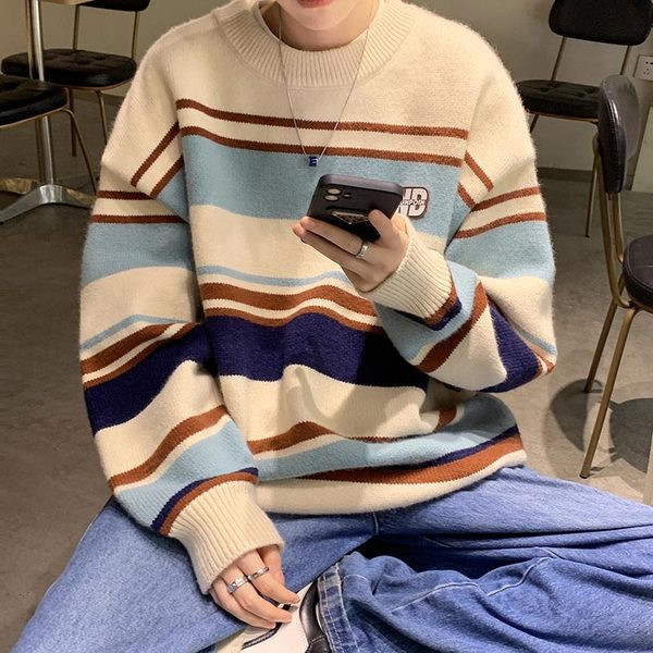 Muški prugasti džemper s okruglim izrezom