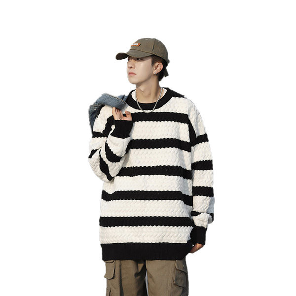 Muški prugasti pulover s ovalnim izrezom - široki model