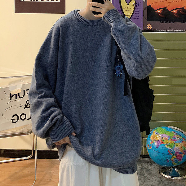 Ανδρικό πουλόβερ με χαλαρό σχέδιο με μακριά μανίκια και οβάλ λαιμόκοψη