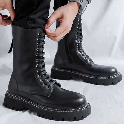 Férfi bőrcsizma cipzárral és fűzővel - durva talp