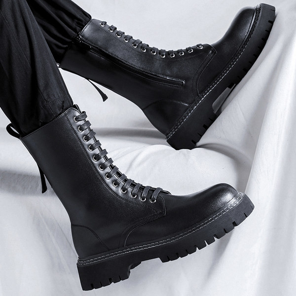 Férfi bőrcsizma cipzárral és fűzővel - durva talp