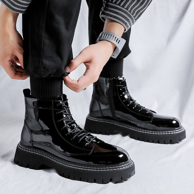 Ανδρικά μποτάκια λουστρίνι με κορδόνια και φερμουάρ