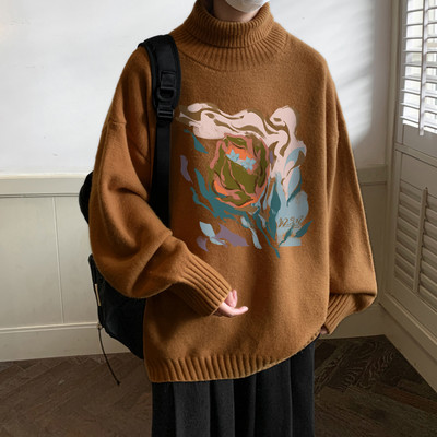 Vīriešu ziemas džemperis ar polo apkakli un apdruku