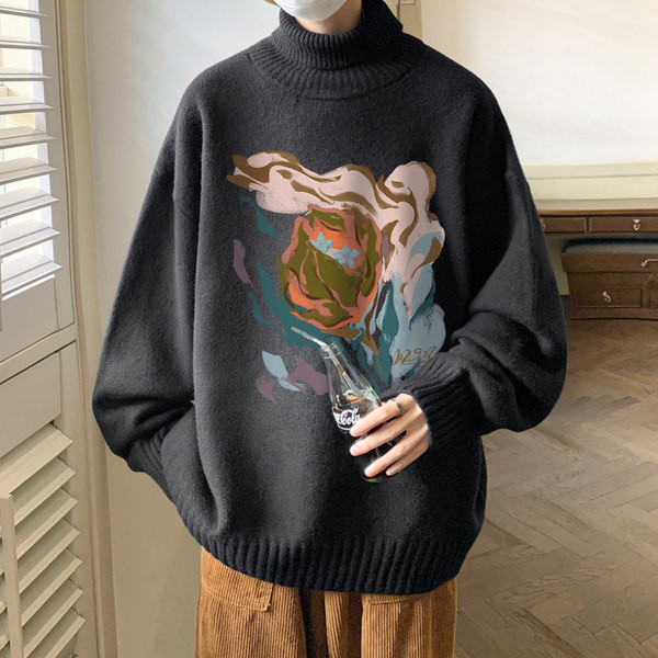 Vīriešu ziemas džemperis ar polo apkakli un apdruku