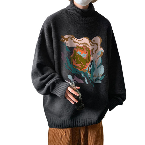 Vīriešu ziemas džemperis ar polo apkakli un apdruku